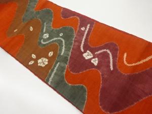 手織り紬絞り流水に花葉模様袋帯